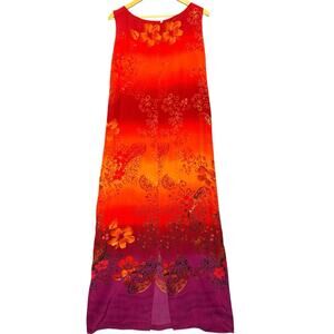 Chico's Design 100% Silk Maxi Dress Size 3 Red Orange Floral Sleeveless XL